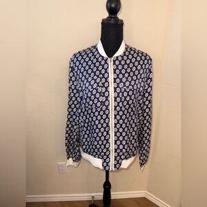 Julie Brown NYC 100% Silk Bomber Jacket • Size 10 • NWT • Navy + White